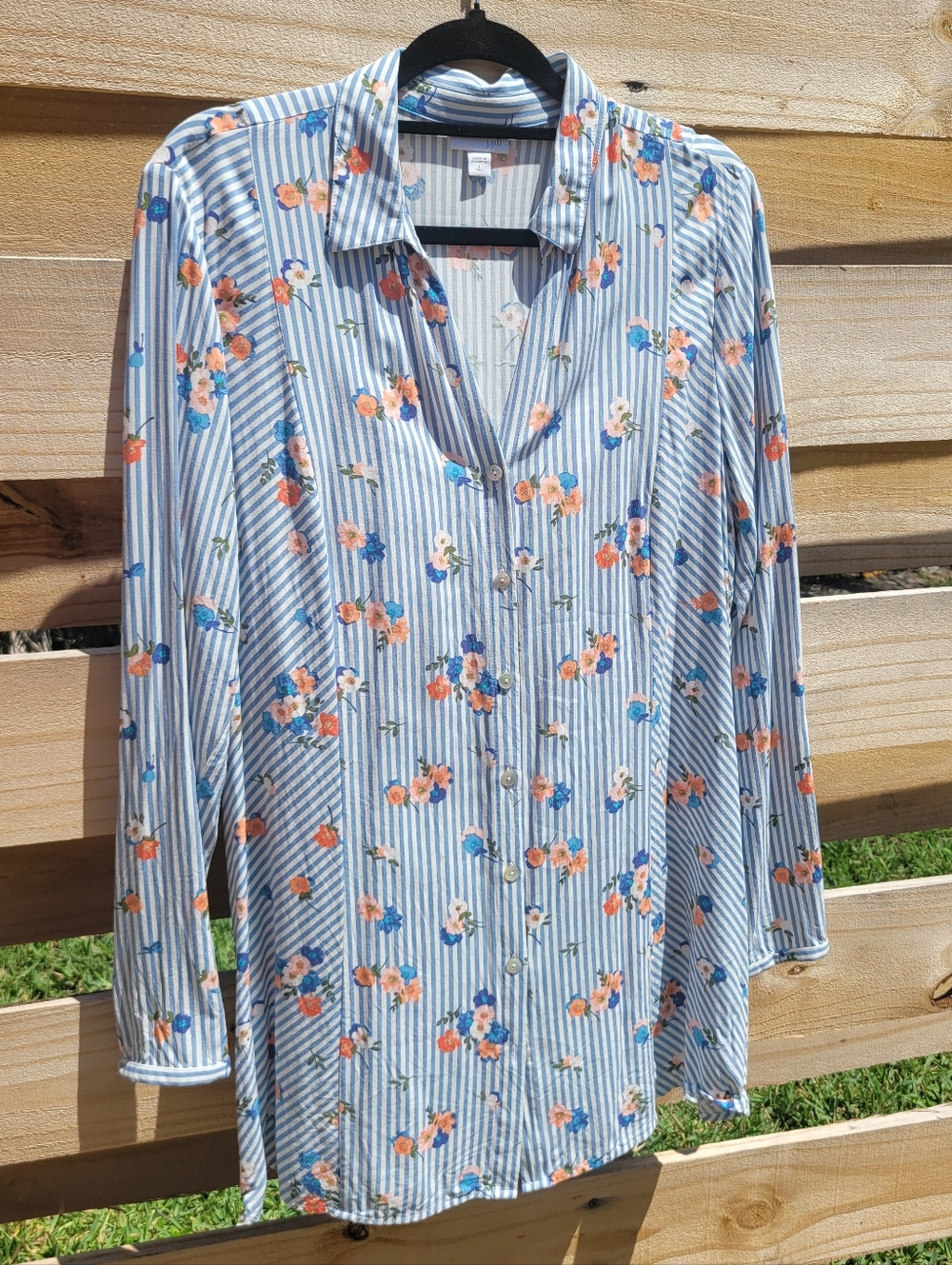 J. Jill Blouse Shirt Button Front Large Tall Floral Striped Long Sleeve Rayon
